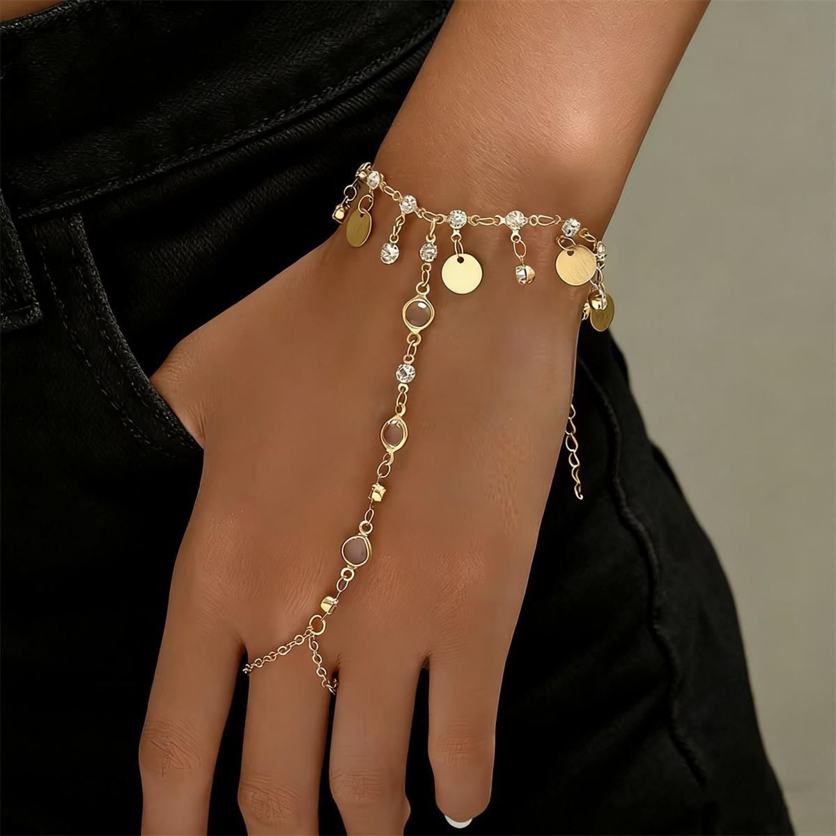 Bohemian Zircon Sequin Tassel Linked Finger Bracelet for Women Shiny Rhinestone Studded Finger Chain Trendy Accessory Gifts