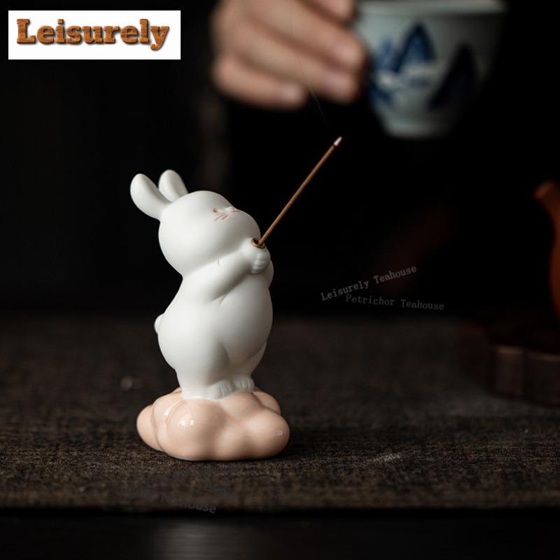 Bean Green Cute Rabbit Incense Holder Water Fountain Decoration Incense Burners Meditation Censer Chinese Tea Set Decoration