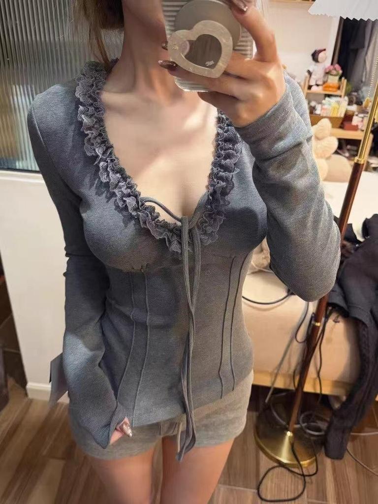 Korean V-Neck Tie-Up Lace Long-Sleeve T-Shirt for Women 2025 Slim-Fit Pure Desire Base Layer