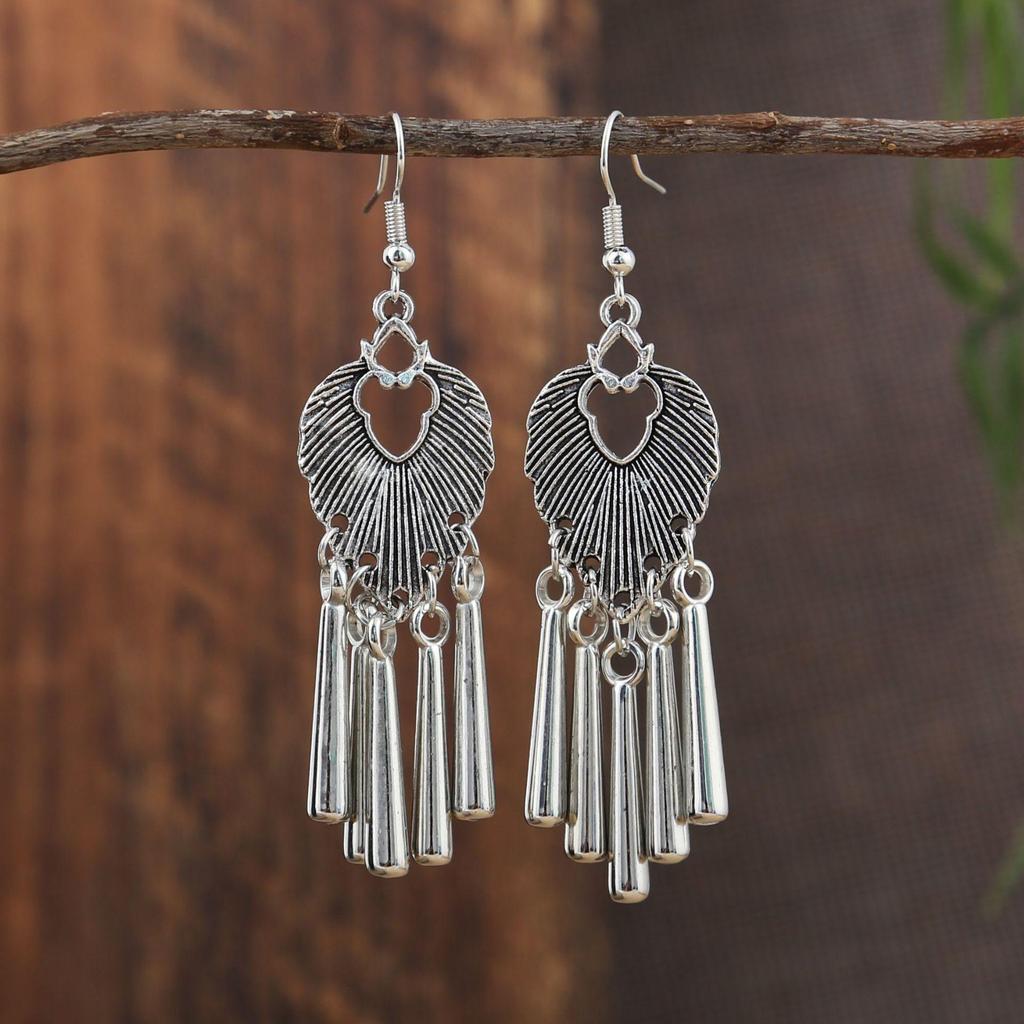 Ethnic Peacock Tassel Earrings with Hollow Leaf & Butterfly Design