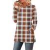 Women's Checkered Printed Round-neck Long-sleeved Top With Pockets And Side Slits
