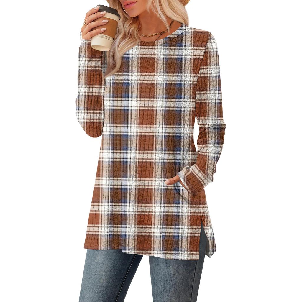 Women's Checkered Printed Round-neck Long-sleeved Top With Pockets And Side Slits