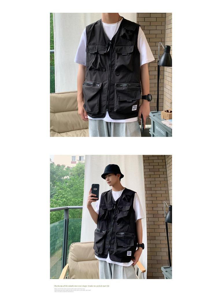 Korean Trend Men's Multi-Pocket Workwear Vest - Summer Loose-Fit Sleeveless Waistcoat