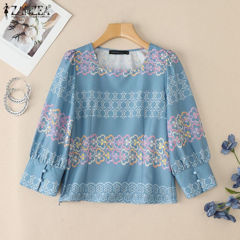 ZANZEA Women Casual Square Collar Summer 3/4 Sleeve Ethnic Print Blouse