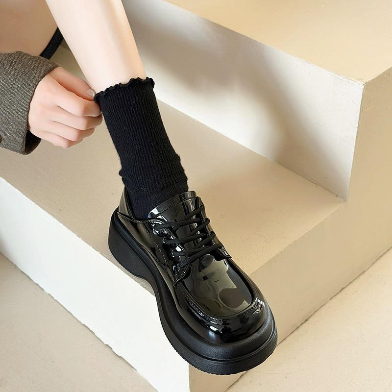 Zhongjia~ British Style Small Leather Shoes Women's 2025 Spring Single Shoes Academy Style Thick Sole Heightening Lace-up Loafers Women's Shoes