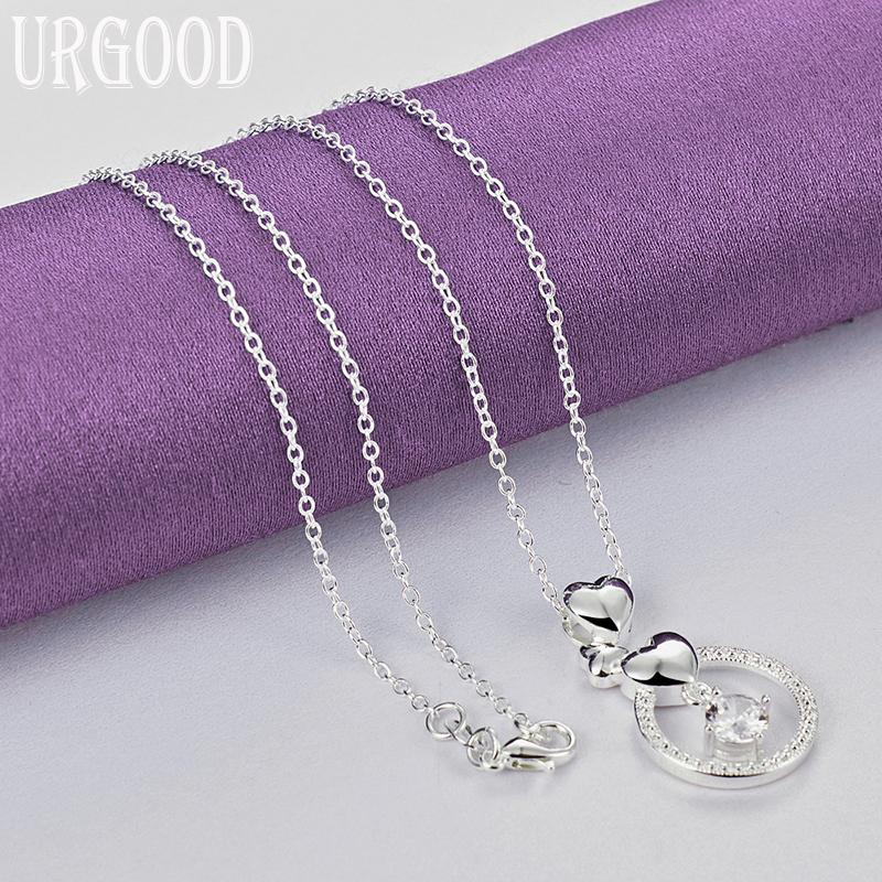 925 Sterling Silver Round Zircon with Heart-shaped Pendant Necklace, Wedding Fashion Jewelry