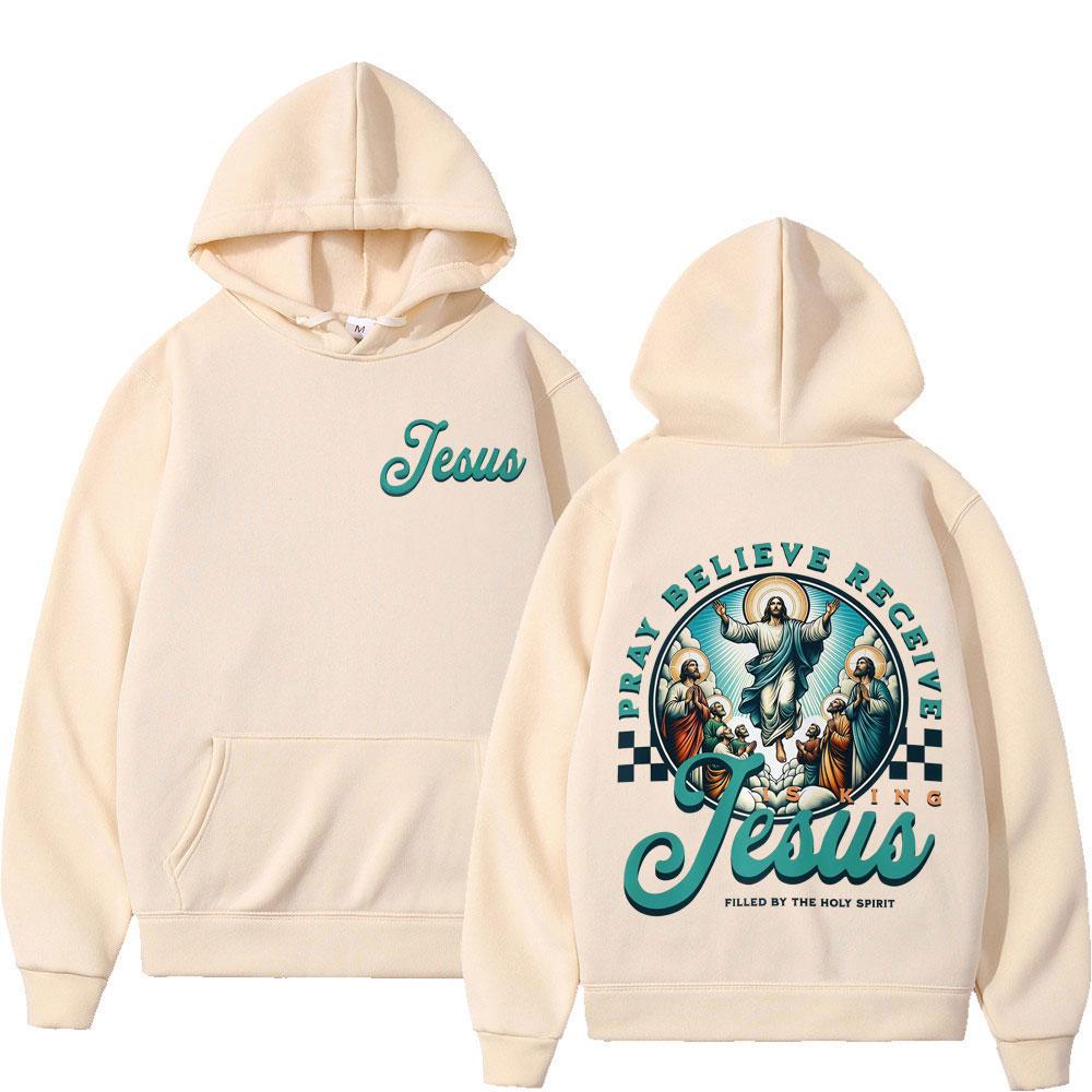 Pray Believe Receive Jesus Print Sweatshirts Men Women Fashion Comfort Hoodies Long Sleeves Thick Vintage Casual Pullover Tops