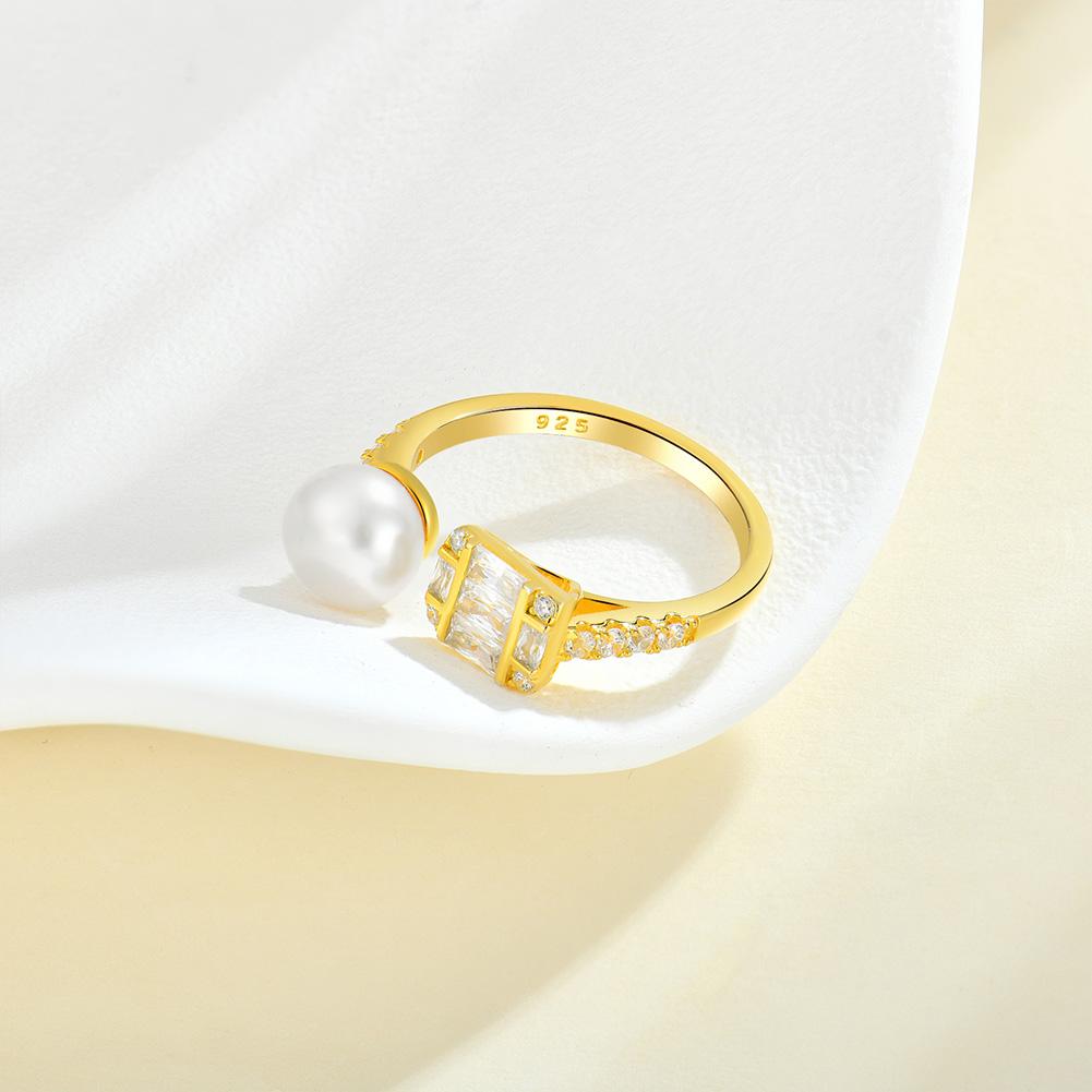 Gold Plated 925 Sterling Silver Open Adjustable Ring Freshwater Baguette Open Band Statement Ring for Women Fashion Jewelry
