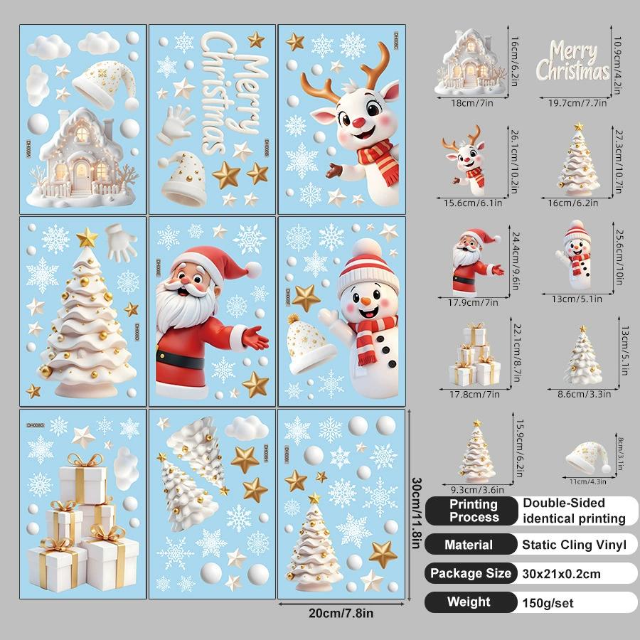 9 PCS/Set Of Christmas Electrostatic Glass Window Stickers Home Decoration Stickers Merry Christmas Scene Decoration Stickers