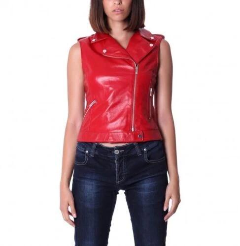 Handmade Vest Waistcoat Jacket Coat Red Lambskin Classic Women Leather Western Button