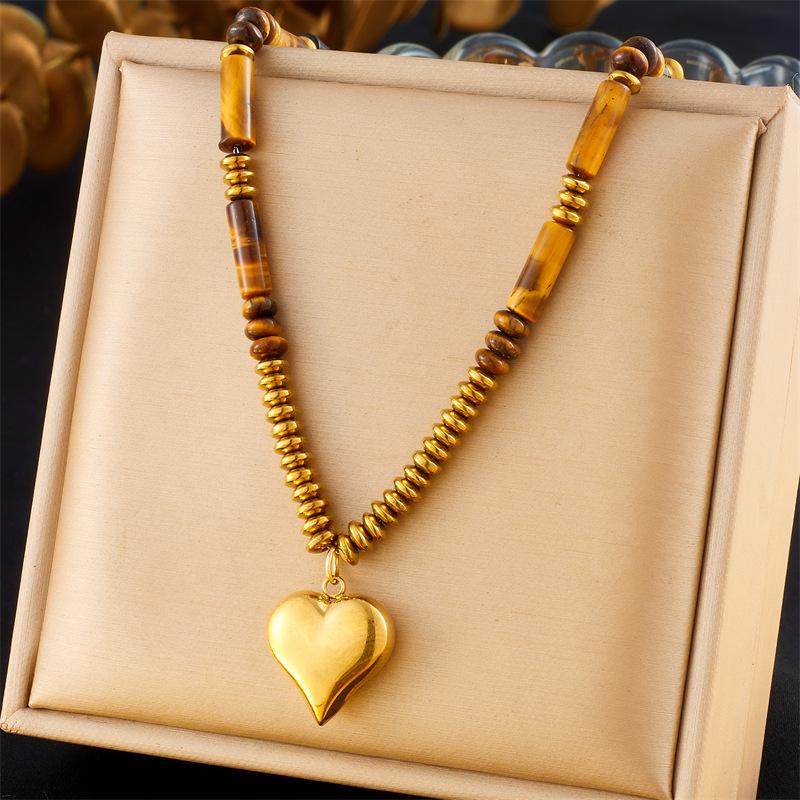 Vintage Malan Geometric Tiger Eye Round Pendant Heart Charm Necklace