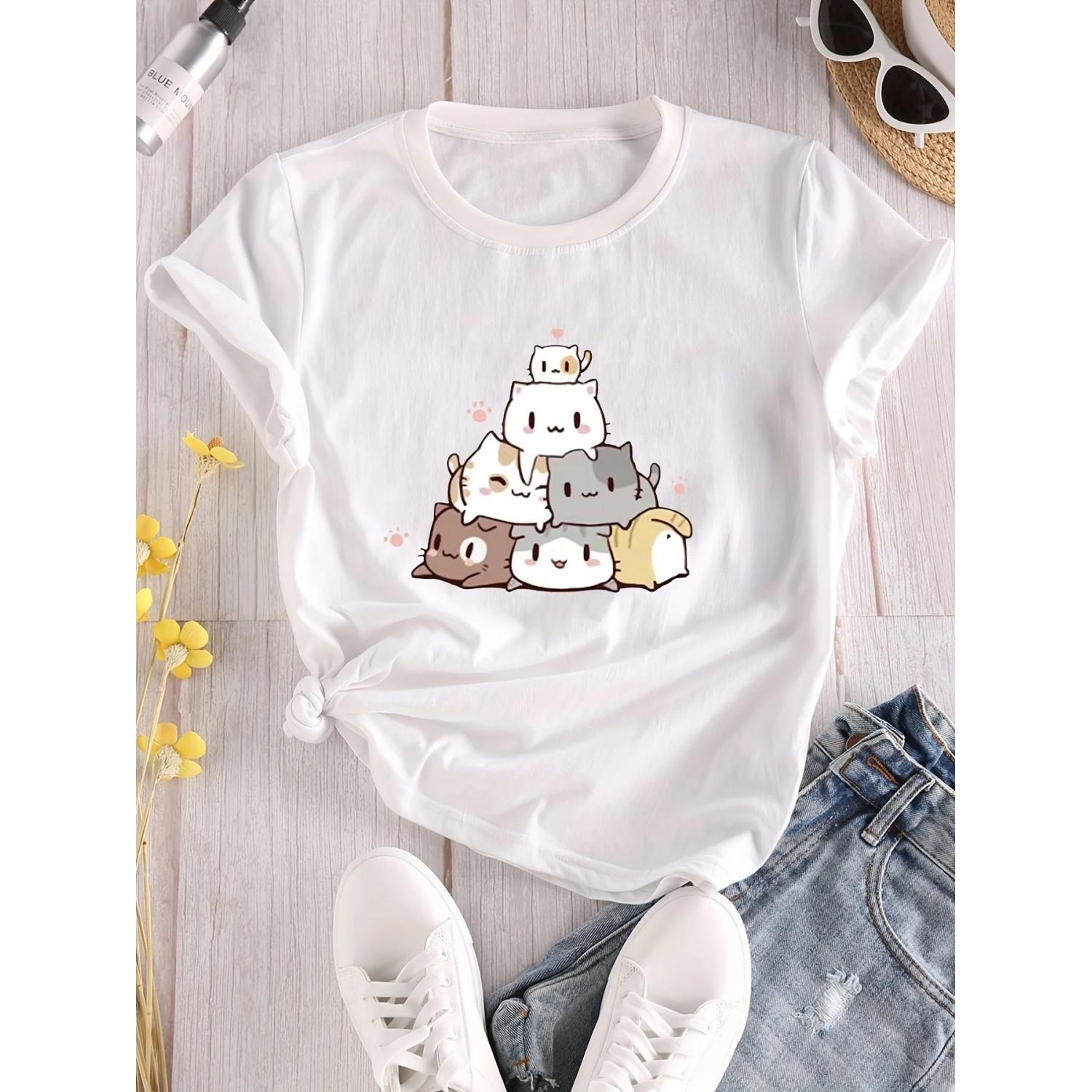

Cartoon Cat Graphic Print Crew Neck T-shirt, Casual Loose Short Sleeve Fashion Summer T-Shirts Tops, Women s Clothing XXXXXL білий