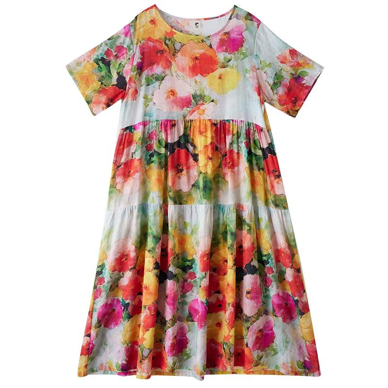 Krátký rukáv Nadměrná velikost vintage květinová novinka v šatech pro ženy ležérní volné dlouhé letní šaty