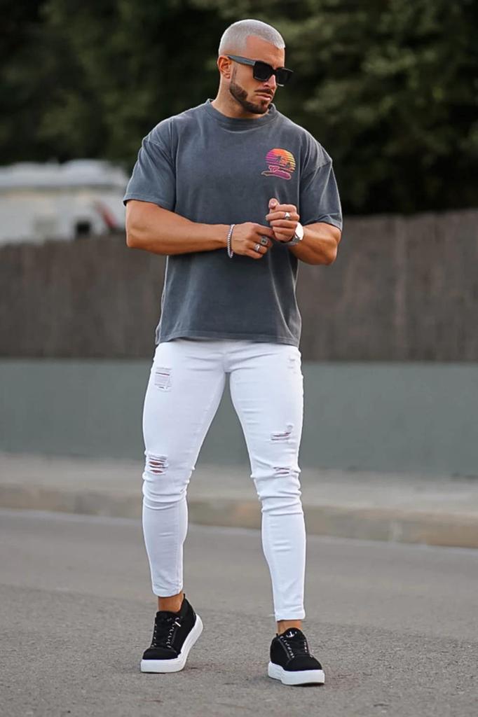 GINGTTO Distressed Skinny Slim Stretch Denim Size 32 Men's Jeans, Fit, Pants, White,