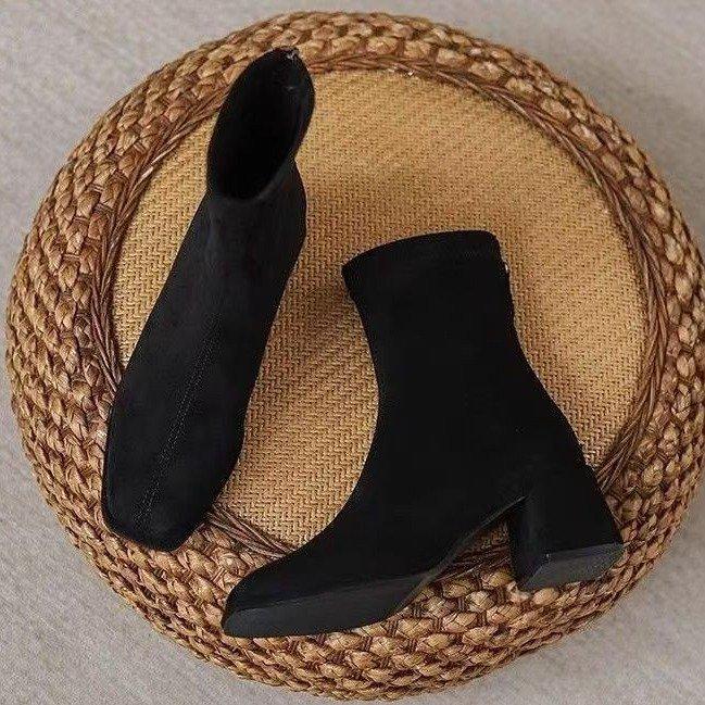 Fashion Thick Heel Short Boots Women's Thin Boots 2025 New Autumn and Winter Square Head High Heel Socks Boots Suede Elastic Boots