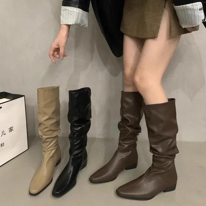Coarse Heeled Mid Heeled Knight Boots for Women New Autumn Western Slim Square Toe Low Heeled Pleated Pile Boots Platform Shoes