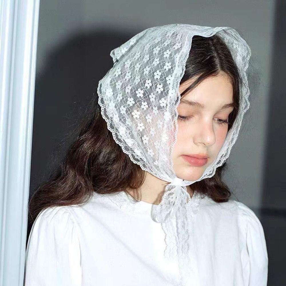 Embroidered Lace Triangle Headscarf Hollow-out White Hair Bandana Woven Floral Pastoral Style Lace Skirt Hair Accessories