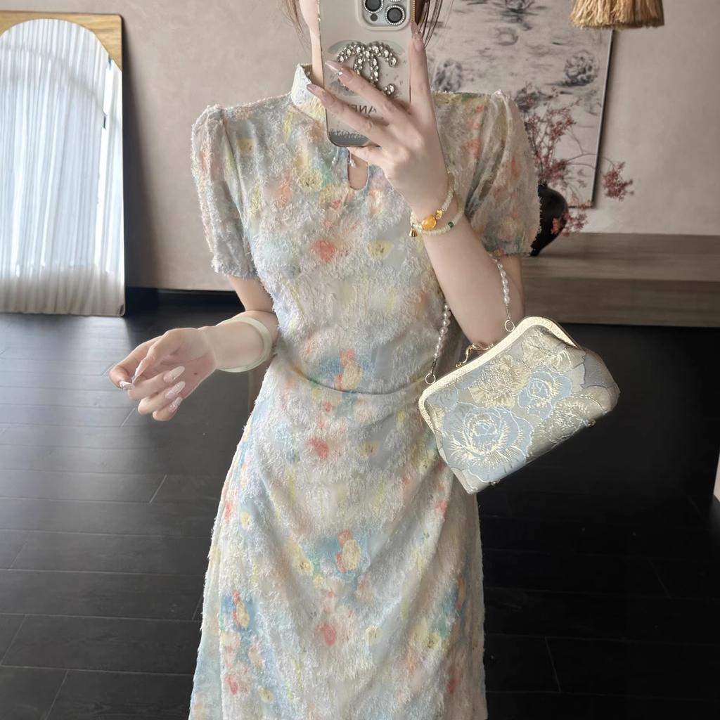 New Chinese floral improved cheongsam dress women's summer gentle temperament waist thin light national style skirt