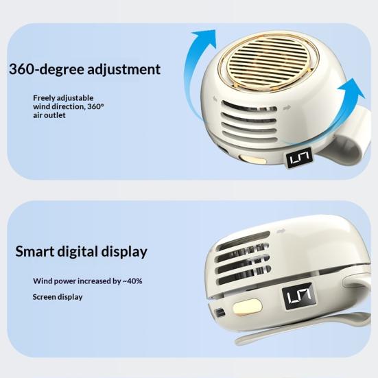 Přenosný klipový ventilátor, Nositelný osobní ventilátor, Mini tichý bezlopatkový ventilátor, Malý pásový ventilátor s 5 nastavitelnými rychlostmi, Dobíjecí chladicí ventilátor s otočným pohybem o 360° pro
