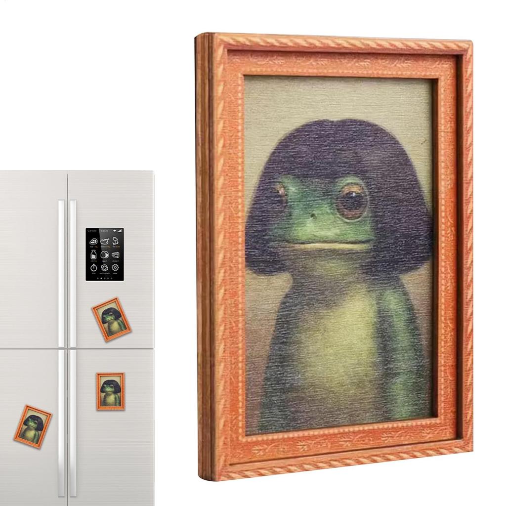 1Pc Mini Wooden Photo Frame Frog Fridge Magnet Funny Green Frog & Haircut Modern Kitchen Decor Durable Refrigerator Ornament