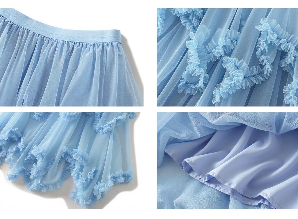 Women's Japanese Style Ruffle Mesh Midi Skirt - Fluffy Fairy Gauze with Wide Hem