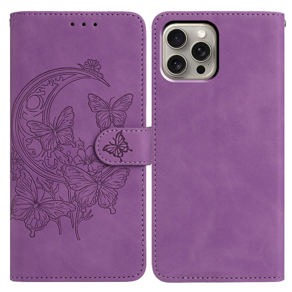 For iPhone 15 Pro Max Case Butterfly Flower Imprinted PU Leather Wallet Stand Phone Cover