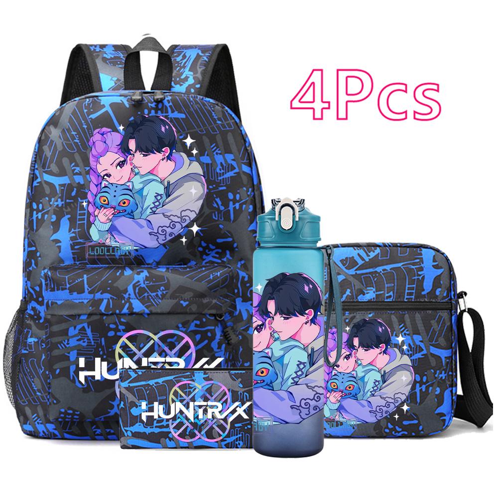 4Pcs/set New Anime Printed Backpack Large Capacity Bookbag Shoulder Bag Case Bag with 750ml Water Bottler Boy Girl Waterproof SchoolBag Mochila