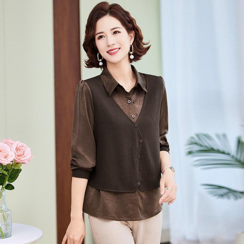 

Шикарная рубашка с эффектом двух частей для женщин - Весна/Осень 2024 Блузка свободного кроя для стильных дам среднего возраста 3XL for 60-65 kg кофейный
