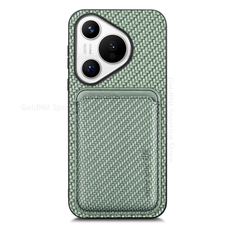 

Раздельный кошелек Слот для карт Магнитный Чехол для телефона Magsafe Для Huawei Pura 80 Ultra Защитная крышка из углеродной кожи и волокна Для Чехла HUAWEI Pura 70 Pro Plus Pura 80 Ultra зелёный