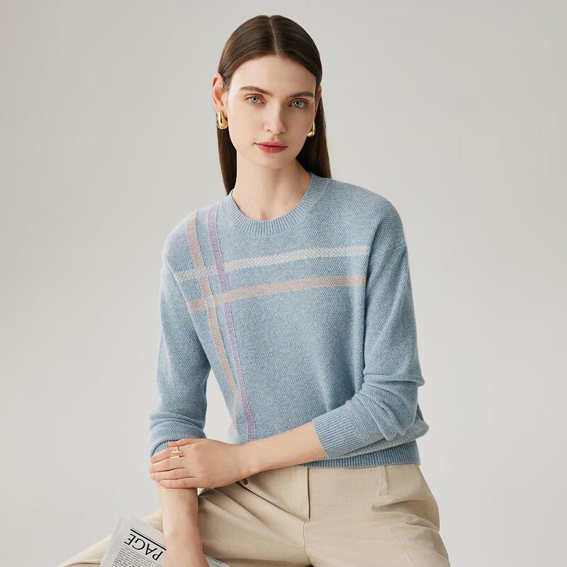 Women's 100% Cashmere Color Block Stripe Round Neck Sweater