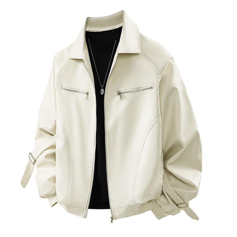 Herren Einfarbig Reißverschluss Strickjacke Herbst und Winter PU-Leder Locker Lässig Revers Jacke Langarm Oberteil