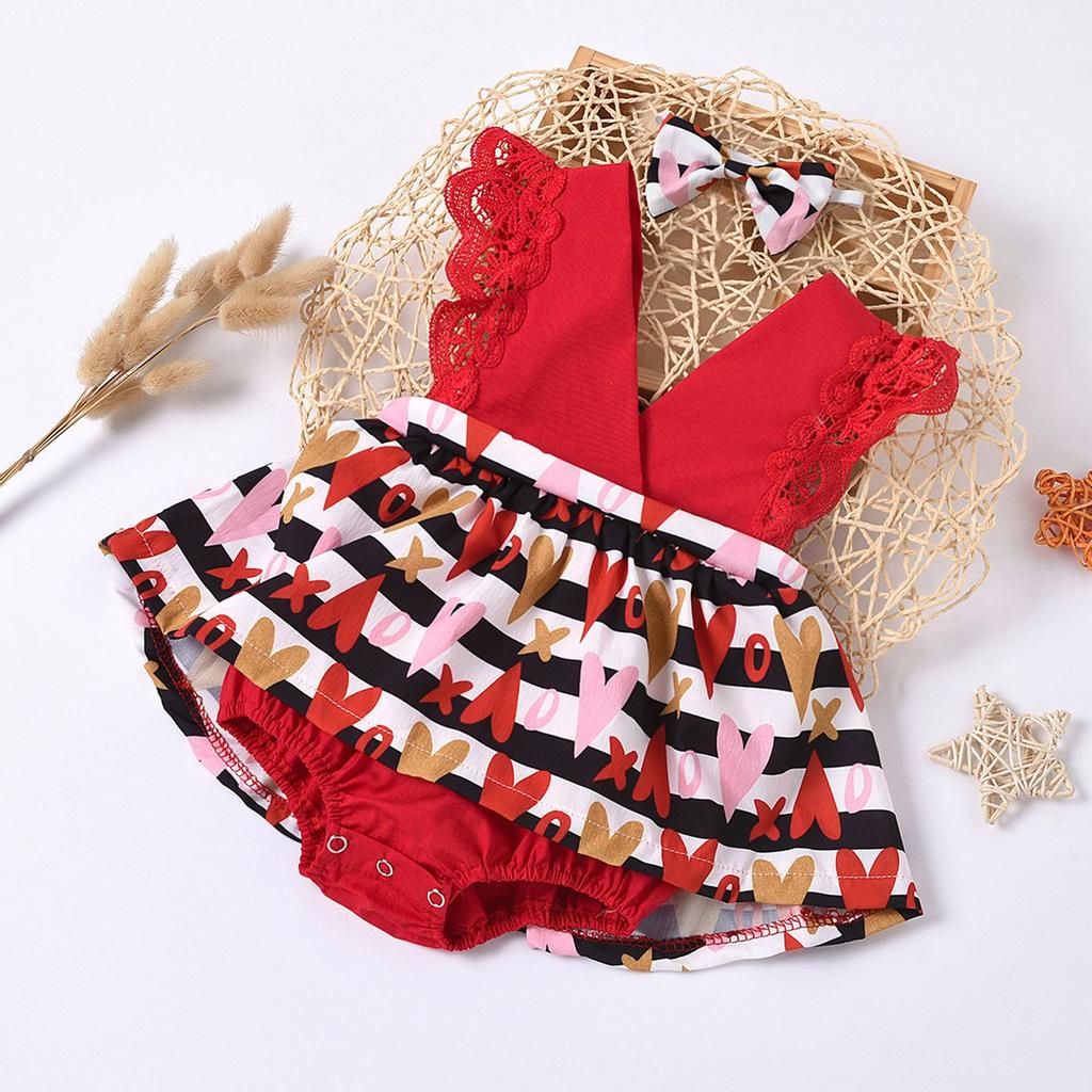 Valentine's Day Baby Kids Sleeveless Printed Romper jumpsuit+headband Set outfit