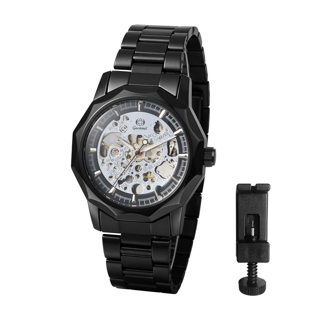Automatic Mechanical Skeleton Luminous Analog Antique Stainless Steel Suitable for Black Perfect Gift for Day Men's Watch Display, Style, Waterproof,
