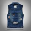 Herren Slim-Fit Trendmarke Denim Weste, Große Größe Motorrad Denim Weste, Patch Weste, Zerrissene Weste