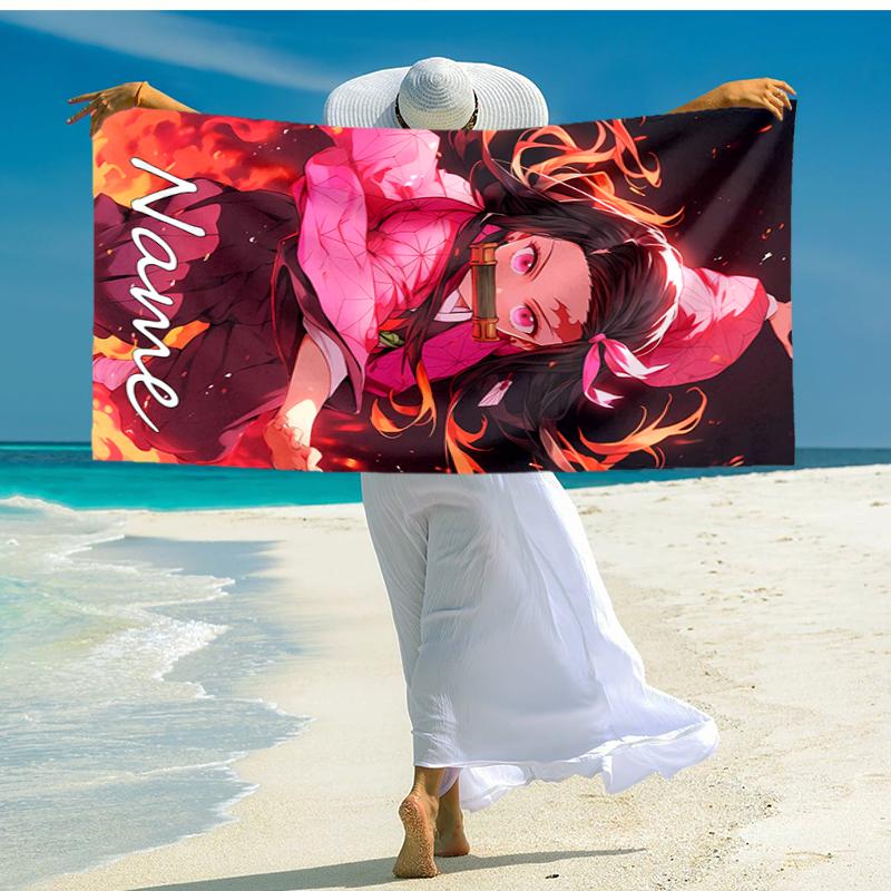 Personalized customized proof beach towel with Demon Slayer Nezuko pattern - soft, absorbent, quick-drying, perfect swimming, camping&bathing
