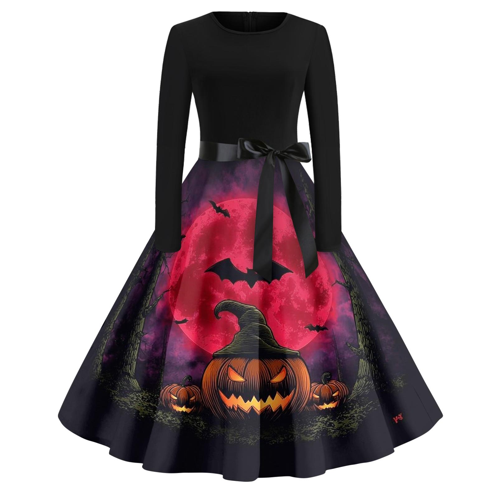 

Женское повседневное модное платье винтажного стиля с круглым вырезом и принтом на Хэллоуин S