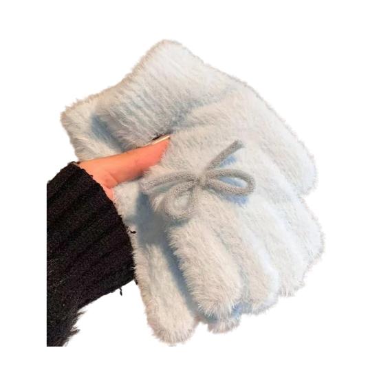 Women Fuzzy Thermal Gloves Fluffy Winter Thick Full Finger Gloves with Bows Solid Color Cute Warm Plush Gloves for Girls Cycling Daily Errands