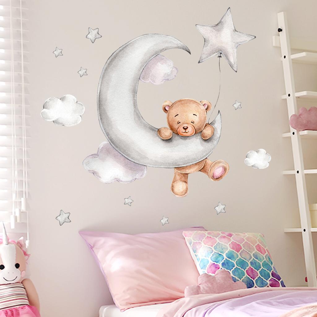 2/1Pcs Wall Stickers Wall Art Decor Cartoon Bear Moon and Stars Color Self Adhesive Stickers for Kids Room Baby Room Wall Decals