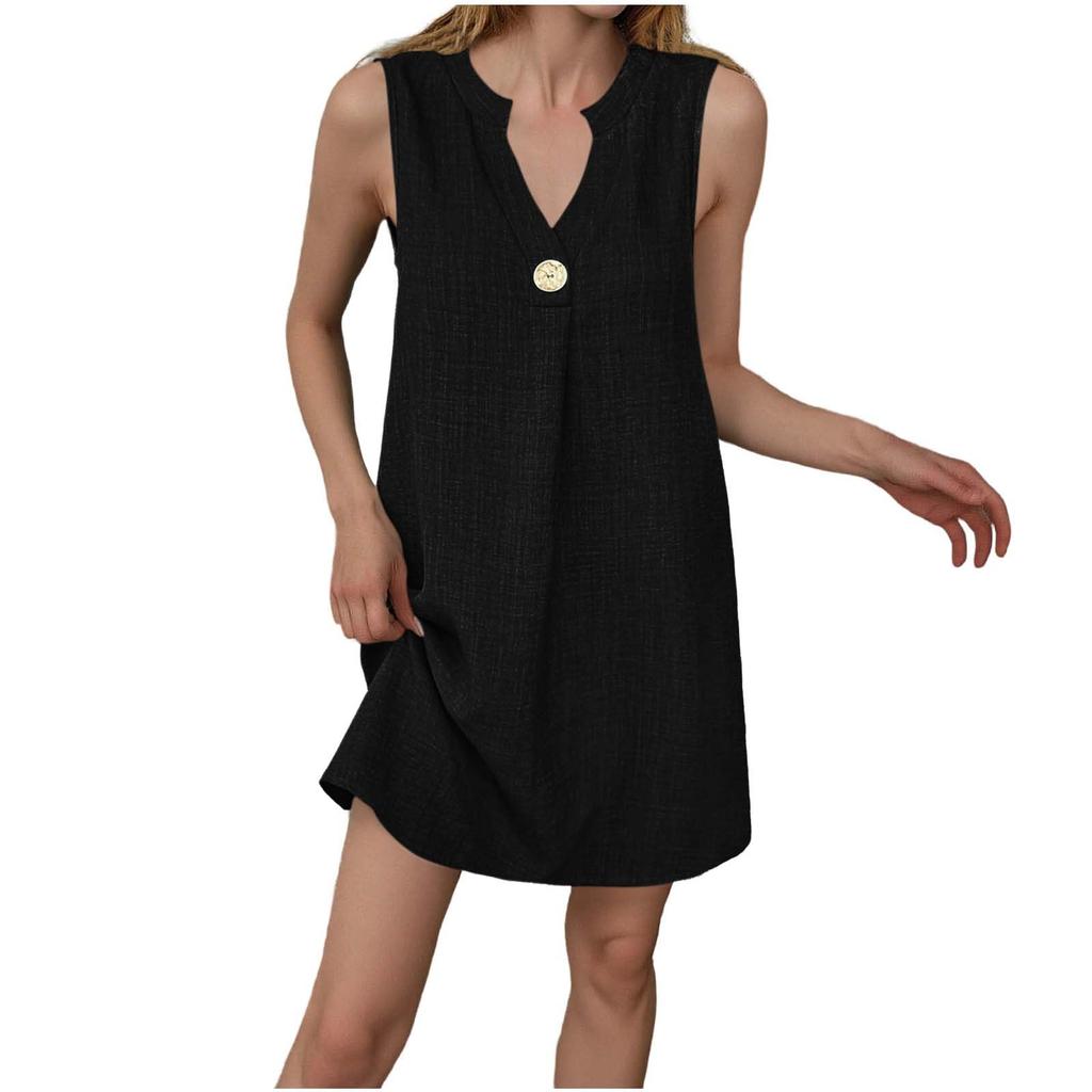 Vestido Mini de Lino sin Mangas con Cuello en V y Botones Estilo Holgado para Mujer Ropa Casual