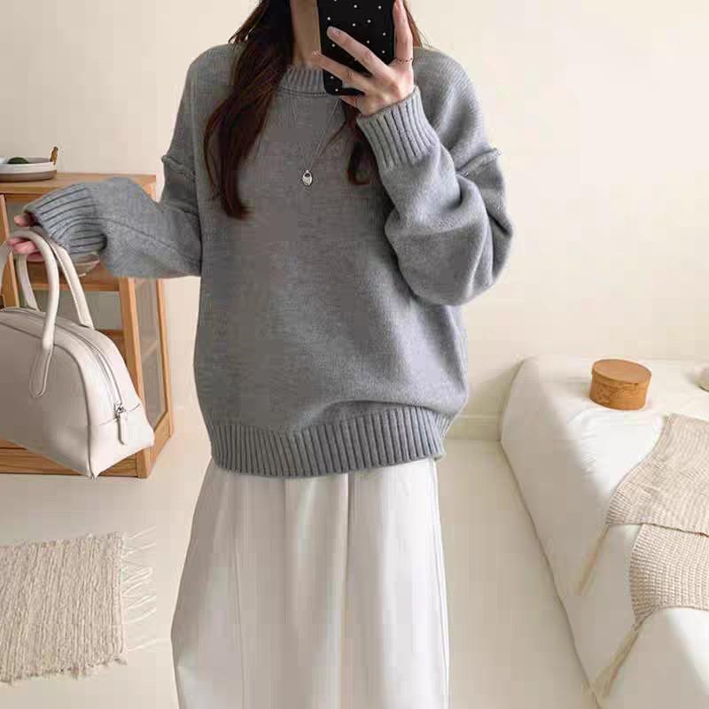 Womens Crew Neck Solid Color Loose Fit Thick Knit Sweater Casual Versatile Top