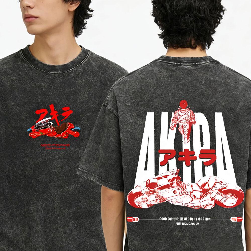 Anime Akira Vintage Washed T Shirt Japanese Science Fiction Cartoon Movie Shotaro Kaneda Manga Casual Cotton Tshirts Streetwear