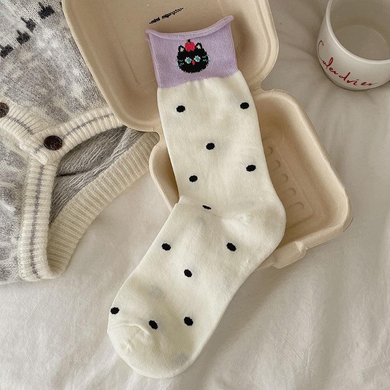Female Spring and Autumn Assorted Striped Dot Bowknot Cartoon Cute Animal Curled Edge In The Tube Pile Socks