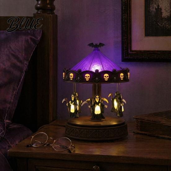 Retro Resin Table Lamp Halloween Ghost Carousel Lights Gothic Stained Glass Night Light with Copper Unique Housewarming Gift Base USB Rechargeable