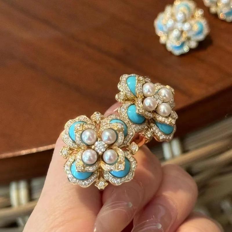 Retro Palace Style Pearl Turquoise Crystal Flower Earrings For Women New In Exquisite High Grade Earings Stud Wedding Jewelry