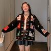 2025 Flower Sweaters Cardigan Autumn Women Print O-Neck Sweaters Knitting Loose Black Sweater