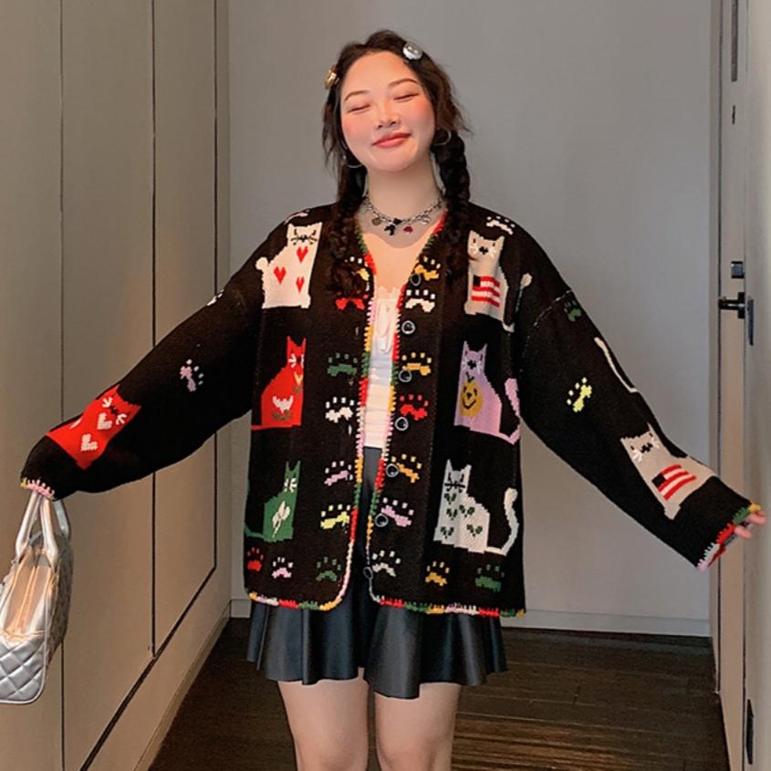 Dimanaf 2025 Flower Sweaters Cardigan Autumn Women Print O-Neck Sweaters Knitting Loose Black Sweater