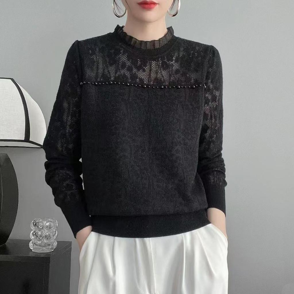 Women's Lace Knit Sweater Long-sleeve Loose Knitwear Solid Color Pullover Knit Top Spring Autumn