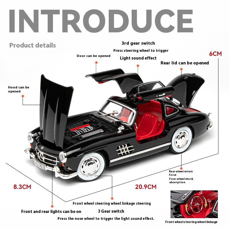 1/24 Scale Benz 300SL Classic Car Alloy Metal Diecast Car Model Sound & Light Collect Hobby Desktop Decorative Ornament Gift