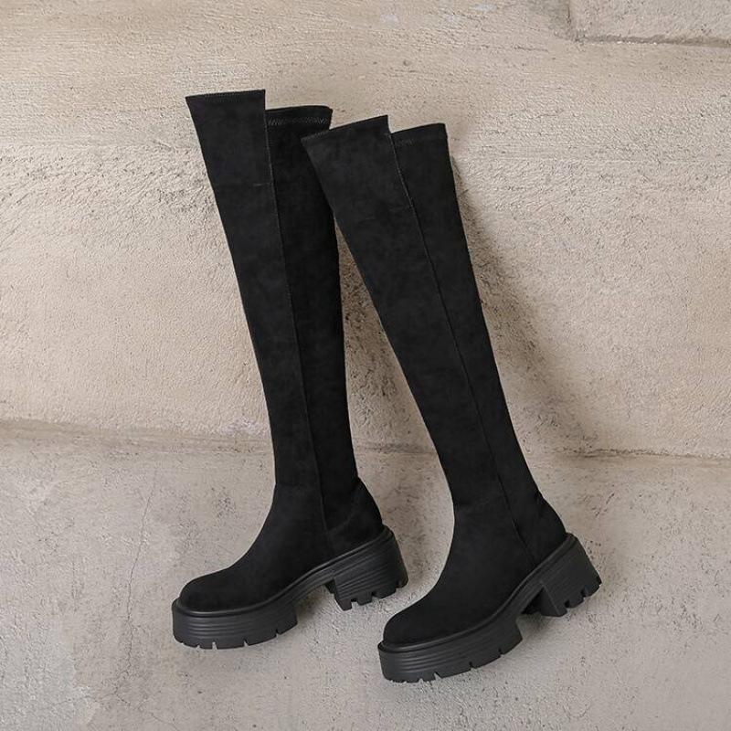 Herbst- und Winter-Wildleder-Stretch-Kniestiefel, neue hochhackige, dicksohlige, rutschfeste Damenstiefel mit runder Spitze, koreanische Version in großen Größen Marti