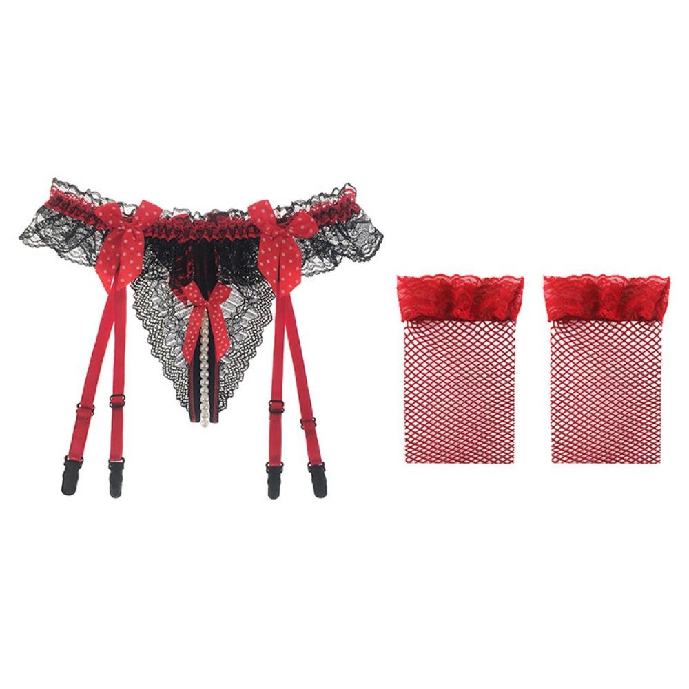 Sexy Perspective Lace Garter Belt Women's Ultra-thin Stockings Set, Fun Open Crotch Pearl Massage Garter Socks with T-pants